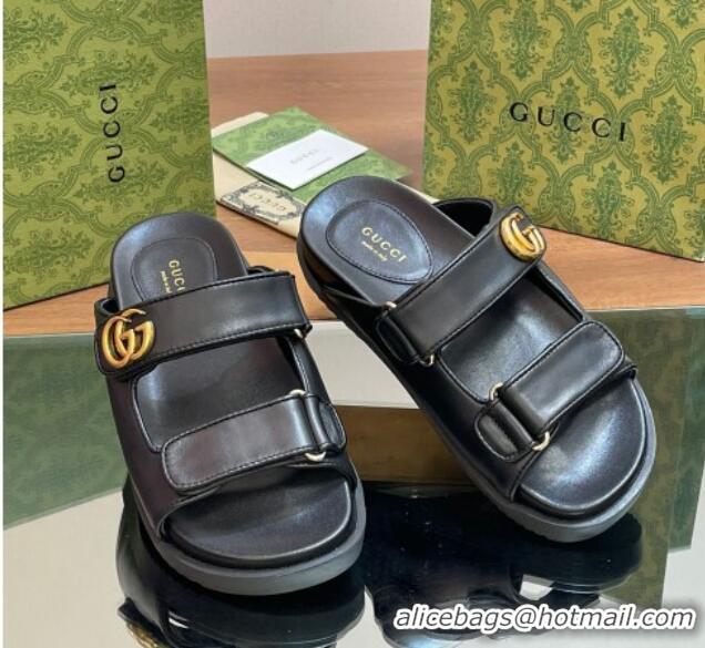 Top Quality Gucci Leather Flat Slides Sandal with Strap Black 05023