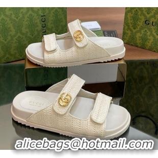 Best Quality Gucci Straw Effect Flat Slides Sandal with Strap and GG White 05024