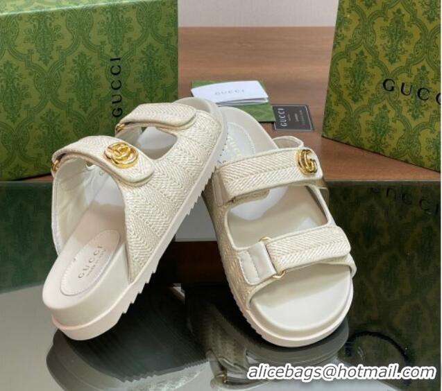 Best Quality Gucci Straw Effect Flat Slides Sandal with Strap and GG White 05024