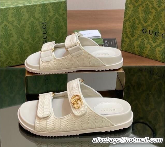 Best Quality Gucci Straw Effect Flat Slides Sandal with Strap and GG White 05024