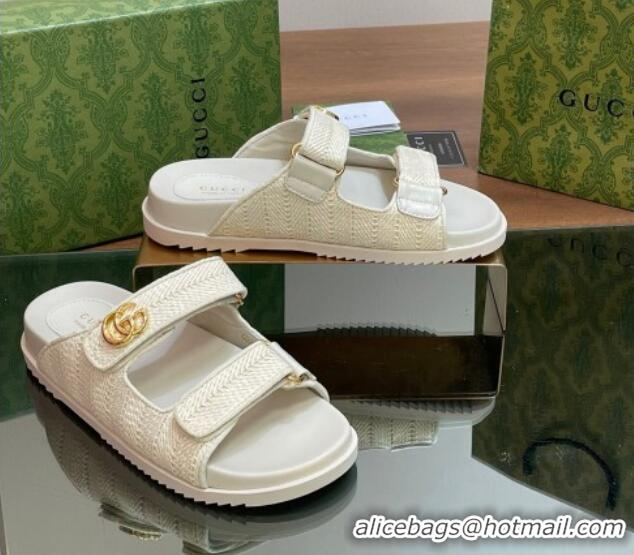 Best Quality Gucci Straw Effect Flat Slides Sandal with Strap and GG White 05024