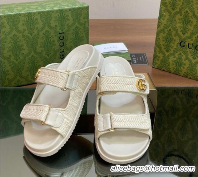 Best Quality Gucci Straw Effect Flat Slides Sandal with Strap and GG White 05024