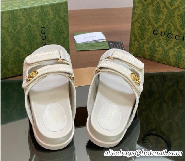 Best Quality Gucci Straw Effect Flat Slides Sandal with Strap and GG White 05024