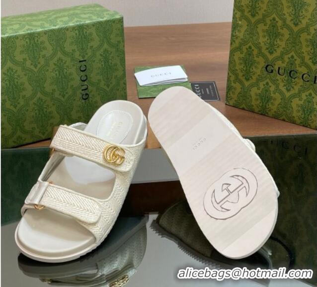 Best Quality Gucci Straw Effect Flat Slides Sandal with Strap and GG White 05024