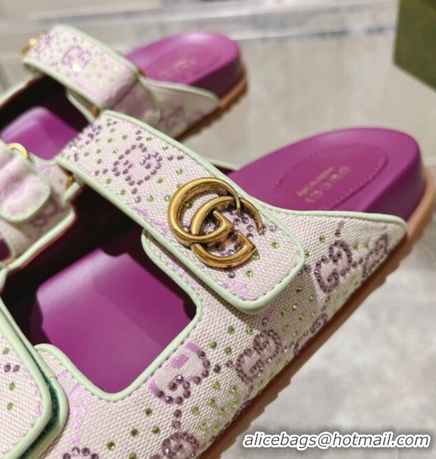 Most Popular Gucci Strass GG Canvas Flat Slides Sandal with Strap Purple 05025