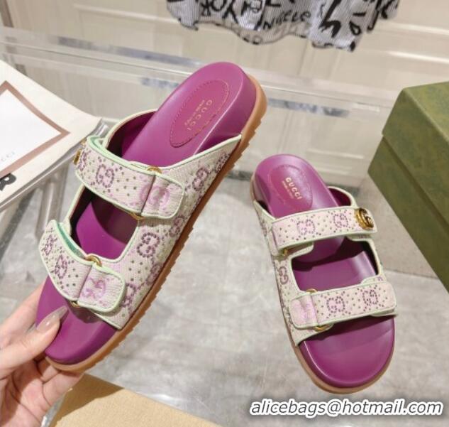 Most Popular Gucci Strass GG Canvas Flat Slides Sandal with Strap Purple 05025