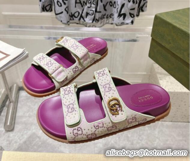 Most Popular Gucci Strass GG Canvas Flat Slides Sandal with Strap Purple 05025