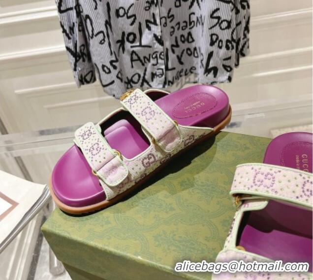 Most Popular Gucci Strass GG Canvas Flat Slides Sandal with Strap Purple 05025