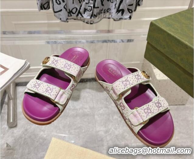 Most Popular Gucci Strass GG Canvas Flat Slides Sandal with Strap Purple 05025