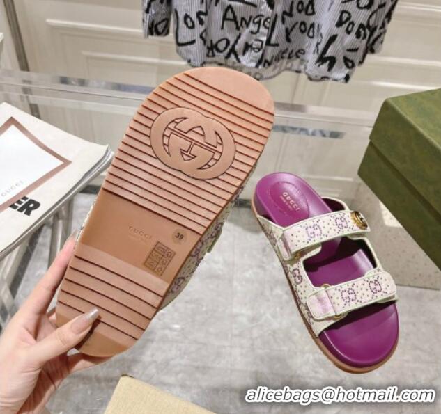 Most Popular Gucci Strass GG Canvas Flat Slides Sandal with Strap Purple 05025