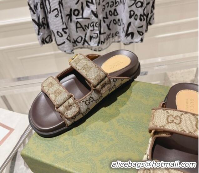 Trendy Design Gucci GG Canvas Flat Slides Sandal with Strap Beige/Brown 05026