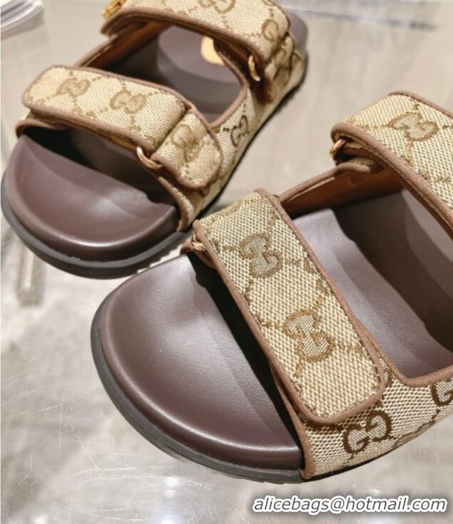 Trendy Design Gucci GG Canvas Flat Slides Sandal with Strap Beige/Brown 05026