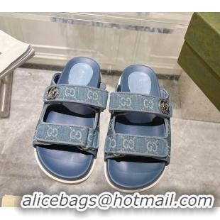 Good Product Gucci GG Denim Flat Slides Sandal with Strap Light Blue 05027