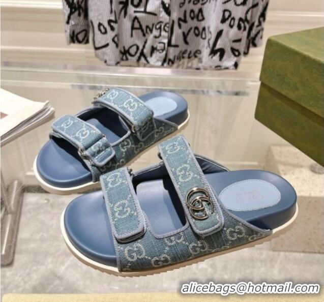 Good Product Gucci GG Denim Flat Slides Sandal with Strap Light Blue 05027