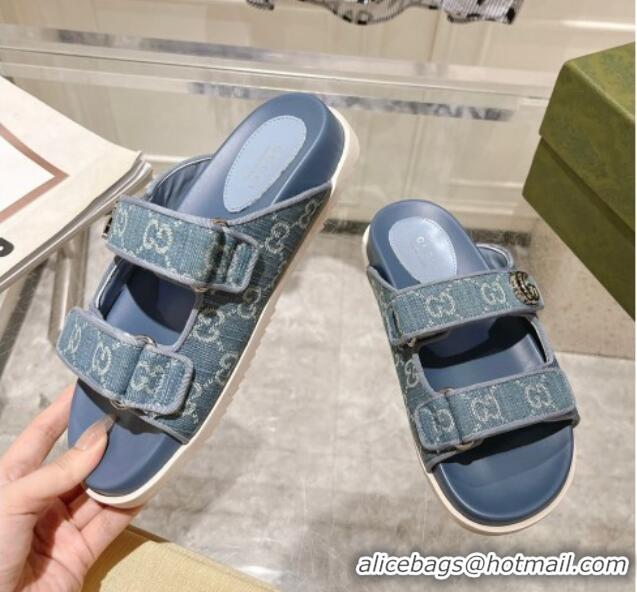 Good Product Gucci GG Denim Flat Slides Sandal with Strap Light Blue 05027