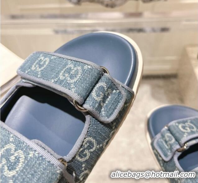 Good Product Gucci GG Denim Flat Slides Sandal with Strap Light Blue 05027