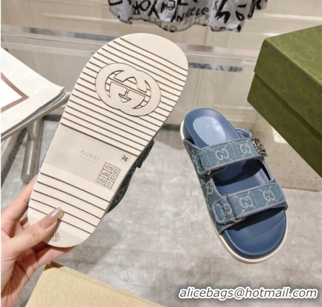 Good Product Gucci GG Denim Flat Slides Sandal with Strap Light Blue 05027