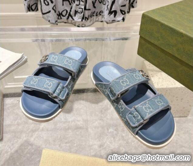 Good Product Gucci GG Denim Flat Slides Sandal with Strap Light Blue 05027