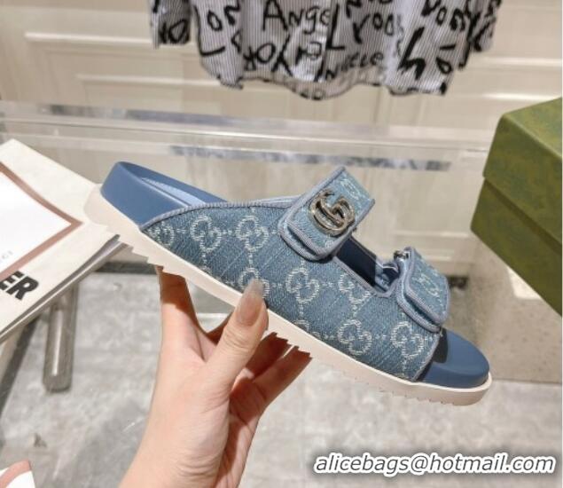 Good Product Gucci GG Denim Flat Slides Sandal with Strap Light Blue 05027