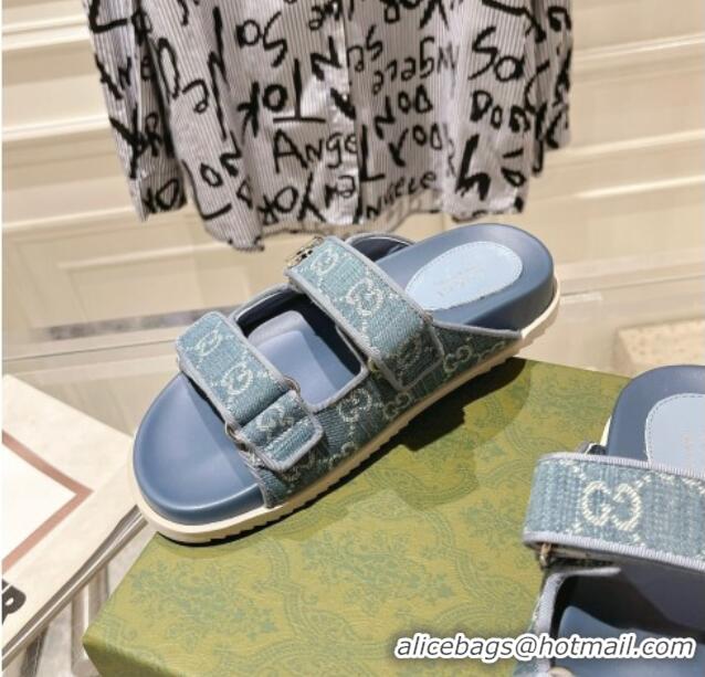 Good Product Gucci GG Denim Flat Slides Sandal with Strap Light Blue 05027