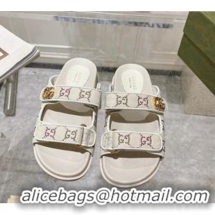 Best Price Gucci Strass GG Canvas Flat Slides Sandal with Strap White 05028