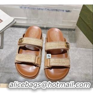 Buy Duplicate Gucci Straw Effect Flat Slides Sandal with Strap and GG Beige 605029