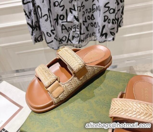 Buy Duplicate Gucci Straw Effect Flat Slides Sandal with Strap and GG Beige 605029