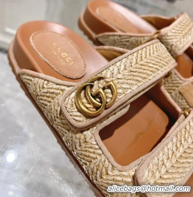 Buy Duplicate Gucci Straw Effect Flat Slides Sandal with Strap and GG Beige 605029