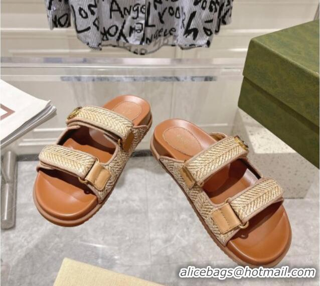 Buy Duplicate Gucci Straw Effect Flat Slides Sandal with Strap and GG Beige 605029