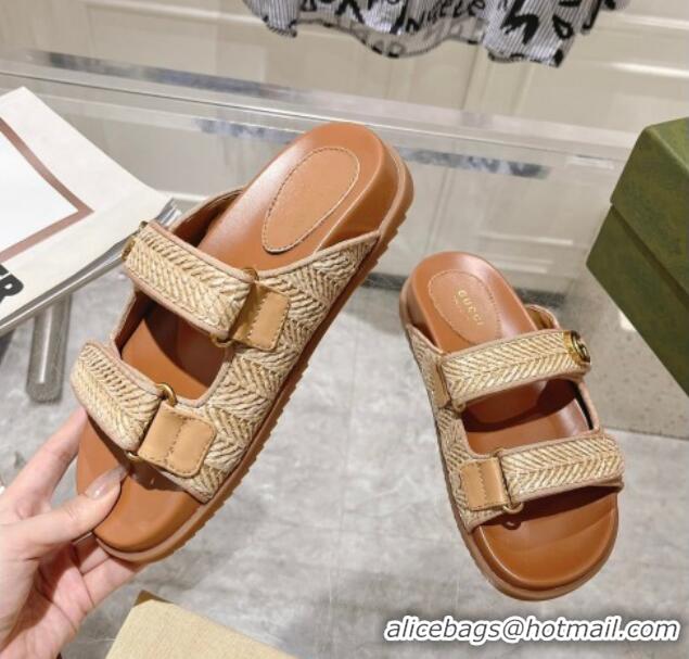 Buy Duplicate Gucci Straw Effect Flat Slides Sandal with Strap and GG Beige 605029