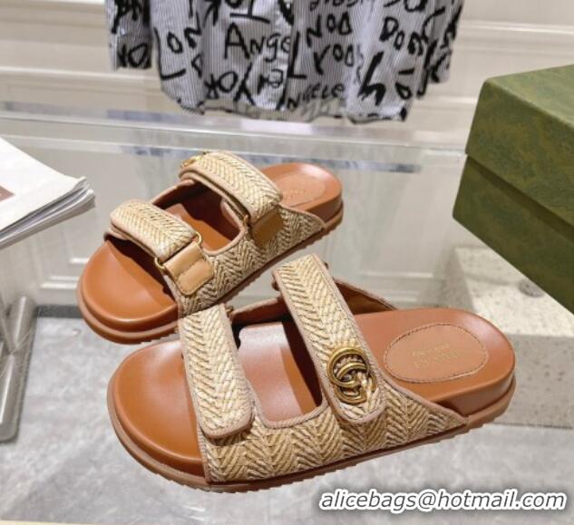 Buy Duplicate Gucci Straw Effect Flat Slides Sandal with Strap and GG Beige 605029