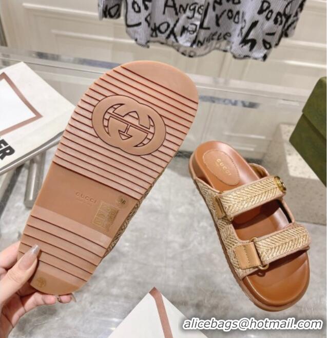 Buy Duplicate Gucci Straw Effect Flat Slides Sandal with Strap and GG Beige 605029