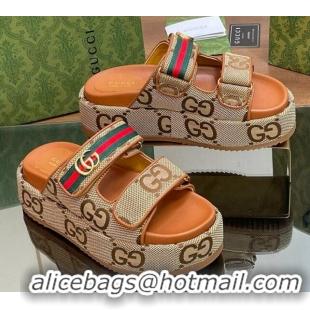 Most Popular Gucci Maxi GG Canvas Platform Slides Sandal 5.5cm with Strap and Web Camel/Brown 05033