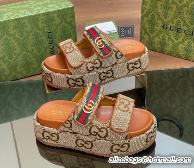 Most Popular Gucci Maxi GG Canvas Platform Slides Sandal 5.5cm with Strap and Web Camel/Brown 05033