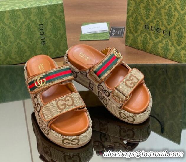 Most Popular Gucci Maxi GG Canvas Platform Slides Sandal 5.5cm with Strap and Web Camel/Brown 05033