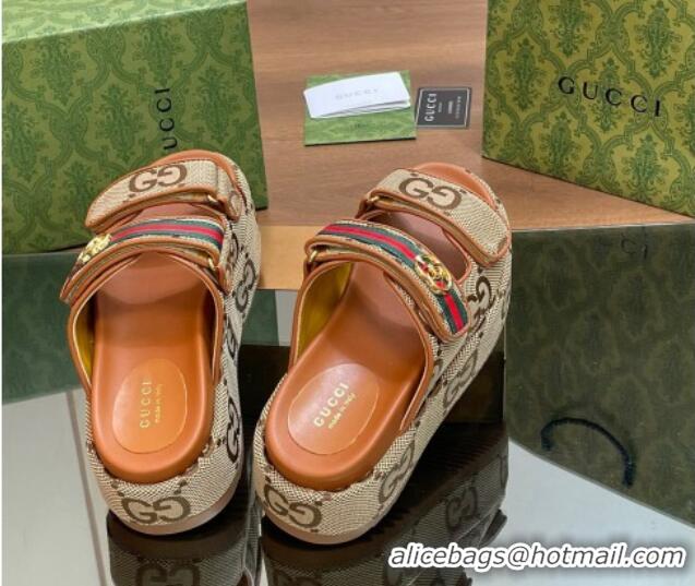 Most Popular Gucci Maxi GG Canvas Platform Slides Sandal 5.5cm with Strap and Web Camel/Brown 05033