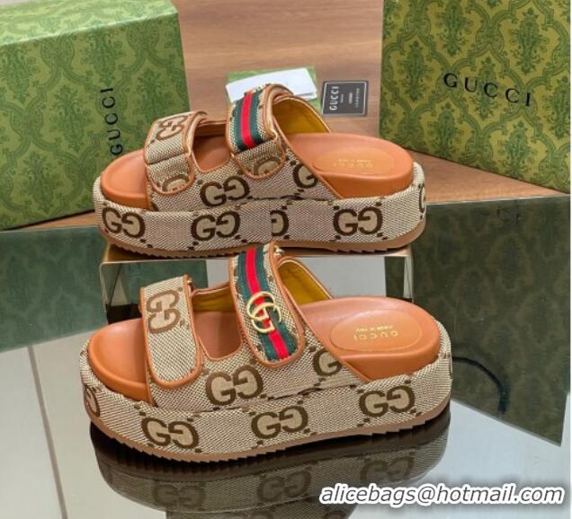 Most Popular Gucci Maxi GG Canvas Platform Slides Sandal 5.5cm with Strap and Web Camel/Brown 05033