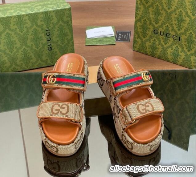 Most Popular Gucci Maxi GG Canvas Platform Slides Sandal 5.5cm with Strap and Web Camel/Brown 05033