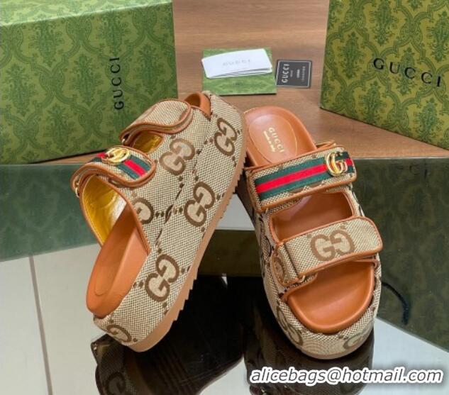 Most Popular Gucci Maxi GG Canvas Platform Slides Sandal 5.5cm with Strap and Web Camel/Brown 05033