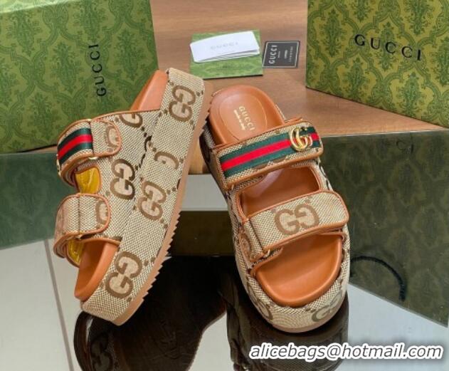 Most Popular Gucci Maxi GG Canvas Platform Slides Sandal 5.5cm with Strap and Web Camel/Brown 05033