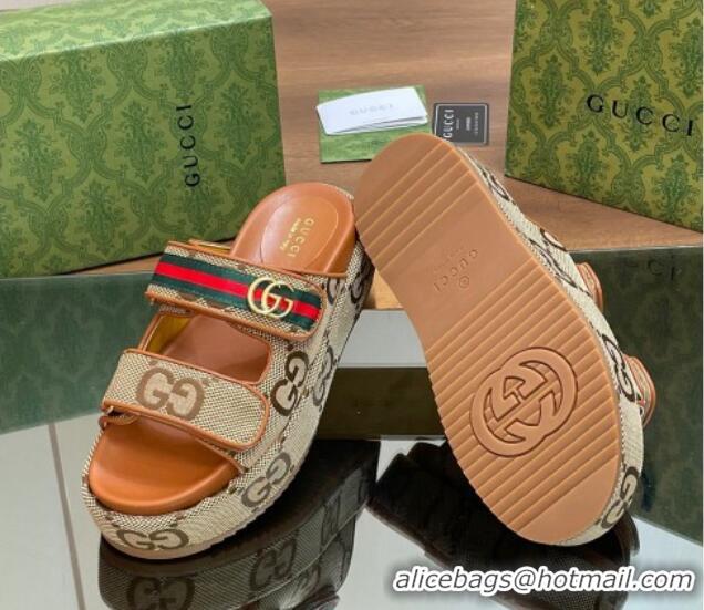 Most Popular Gucci Maxi GG Canvas Platform Slides Sandal 5.5cm with Strap and Web Camel/Brown 05033