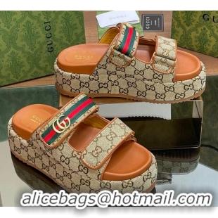 Best Grade Gucci GG Canvas Platform Slides Sandal 5.5cm with Strap and Web Camel Brown 05034