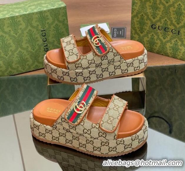 Best Grade Gucci GG Canvas Platform Slides Sandal 5.5cm with Strap and Web Camel Brown 05034