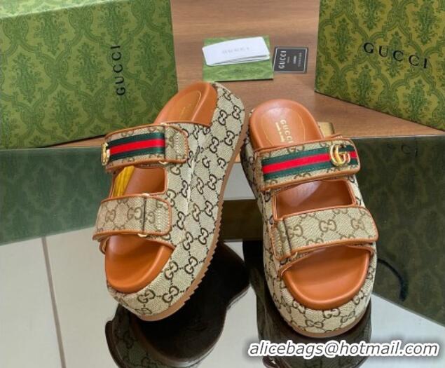 Best Grade Gucci GG Canvas Platform Slides Sandal 5.5cm with Strap and Web Camel Brown 05034