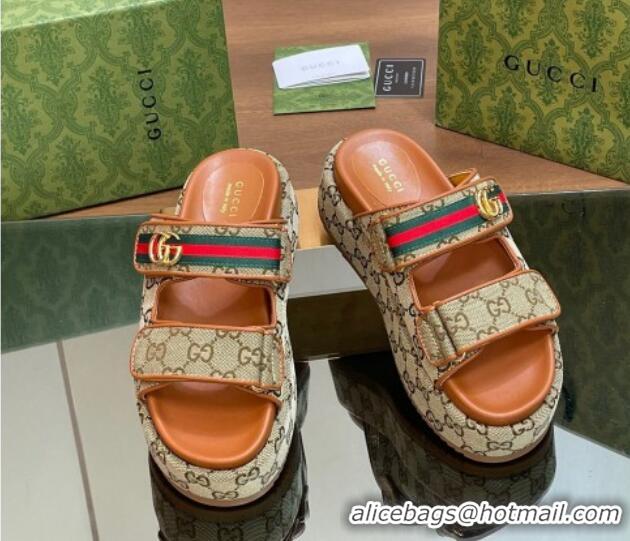 Best Grade Gucci GG Canvas Platform Slides Sandal 5.5cm with Strap and Web Camel Brown 05034