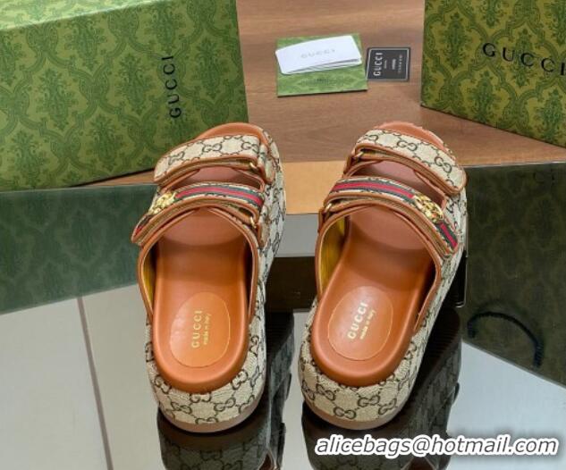 Best Grade Gucci GG Canvas Platform Slides Sandal 5.5cm with Strap and Web Camel Brown 05034