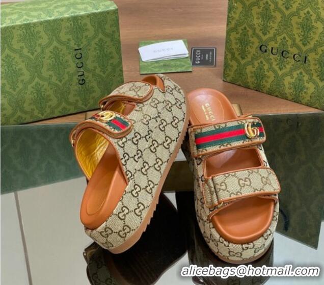 Best Grade Gucci GG Canvas Platform Slides Sandal 5.5cm with Strap and Web Camel Brown 05034