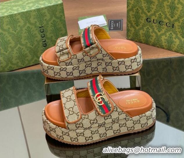 Best Grade Gucci GG Canvas Platform Slides Sandal 5.5cm with Strap and Web Camel Brown 05034