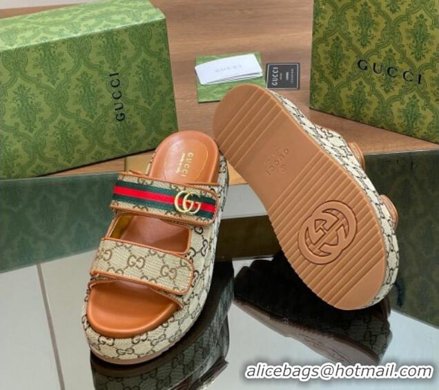 Best Grade Gucci GG Canvas Platform Slides Sandal 5.5cm with Strap and Web Camel Brown 05034