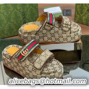 Popular Gucci GG Canvas Platform Slides Sandal 5.5cm with Strap and Web Beige 605035